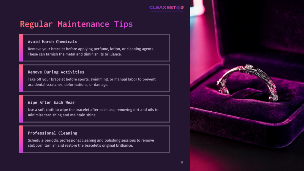 9 Regular Maintenance Tips 1 A Purple Velvet Jewelry Box Displaying A Lagos Bracelet, Accompanied By Maintenance Tips In Contrasting Text On A Dark Background.