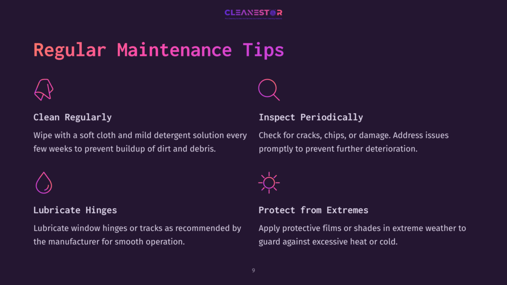 Text On A Dark Purple Background Outlines Maintenance Tips For Lexan Windows, With Bullet Points Highlighting Cleaning, Inspection, Lubrication, And Protection.