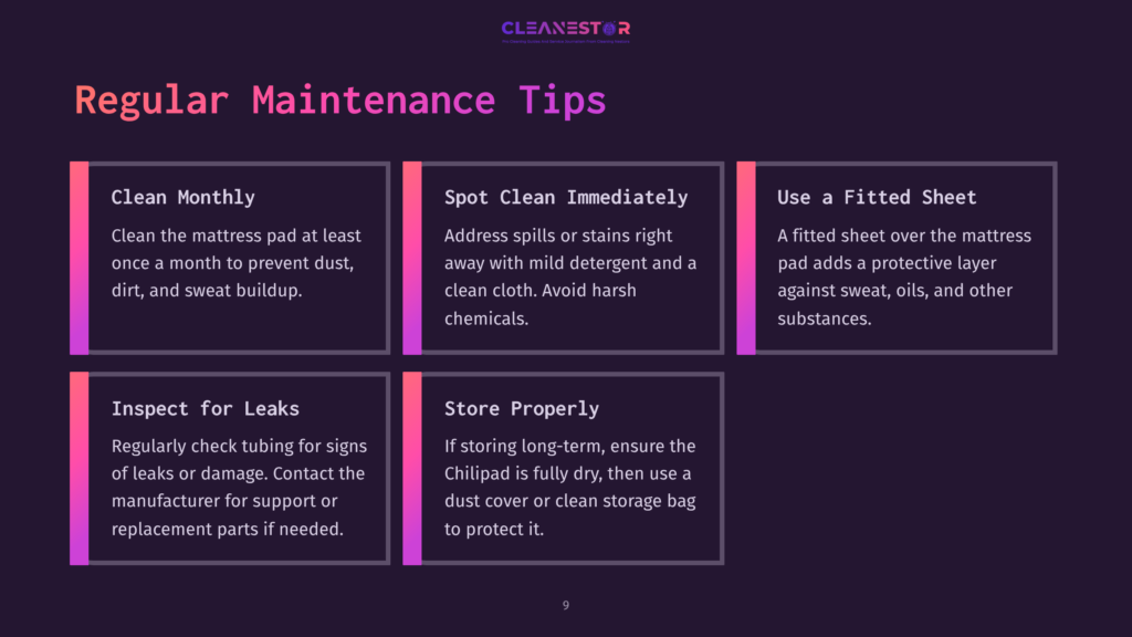 Four Rectangular Boxes With Tips For Maintaining A Chilipad, Featuring Purple Backgrounds And White Text, On A Dark Background.