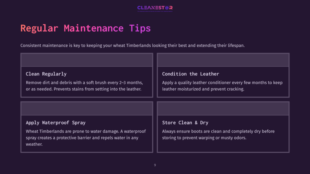 Four Panels Detailing Regular Maintenance Tips For Timberland Boots: Clean Regularly, Condition The Leather, Apply Waterproof Spray, And Store Clean &Amp; Dry. Text Includes &Quot;Cleanestor&Quot; Logo.