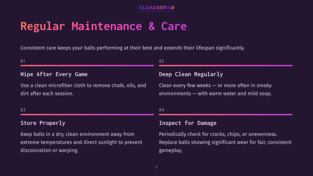 Text-Based Infographic Outlining Billiard Ball Maintenance Tips, Including Cleaning Methods, Storage, And Inspection For Damage, With A Dark Background.