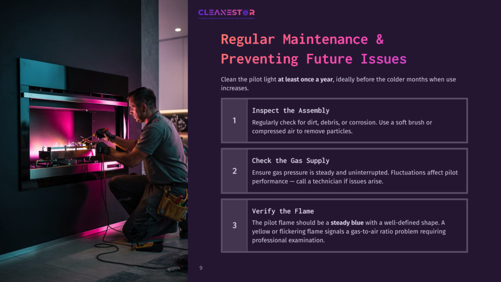 9 Regular Maintenance And Preventing Future Issues A Technician Inspects A Gas Stove Pilot Light, With The Text &Quot;Cleanestor&Quot; And &Quot;Regular Maintenance &Amp; Preventing Future Issues&Quot; Visible.