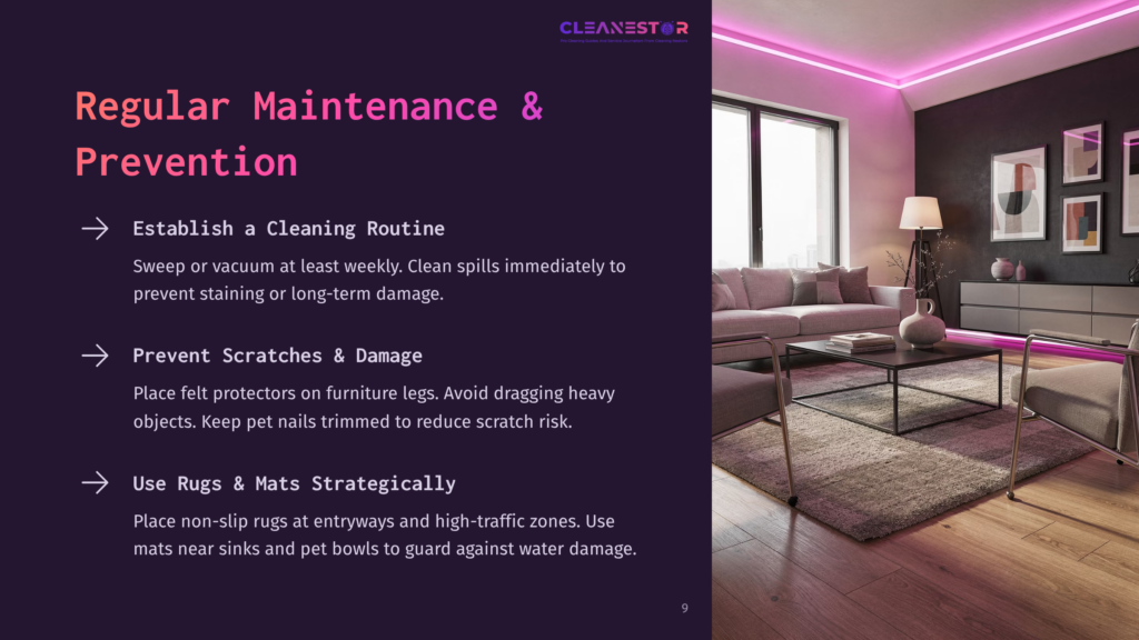 A Modern Living Room With Pink Neon Lighting, Featuring A Plush Sectional Sofa, A Coffee Table With A Rug, And A Large Window. Text Overlays Provide Tips For Regular Home Maintenance And Cleaning.