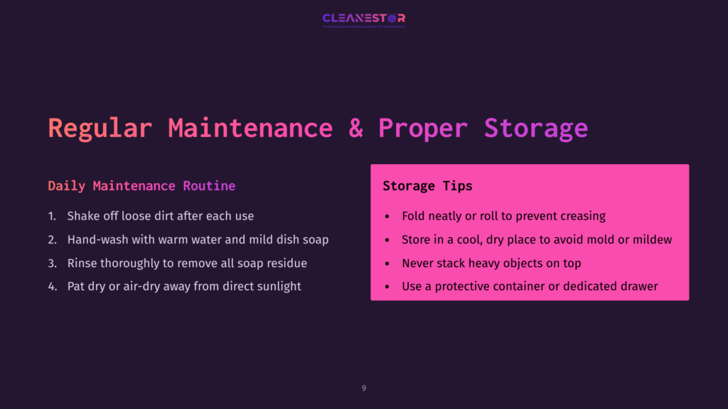 A Presentation Slide Titled &Quot;Regular Maintenance &Amp; Proper Storage&Quot; With Bulleted Lists For &Quot;Daily Maintenance Routine&Quot; And &Quot;Storage Tips.