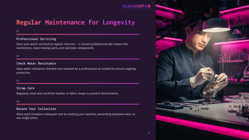 9 Regular Maintenance For Longevity A Watchmaker Meticulously Repairs A Luxury Timepiece, Surrounded By Tools And Watch Parts, With The &Quot;Cleanestor&Quot; Logo Visible. The Image Is Illuminated By Bright Pink Neon Lights.