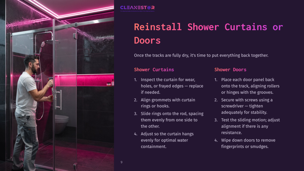Man In A Modern Bathroom, Adjusting A Frameless Glass Shower Door. The Shower Enclosure Features Sleek Chrome Hardware And Vibrant Pink Led Lighting.