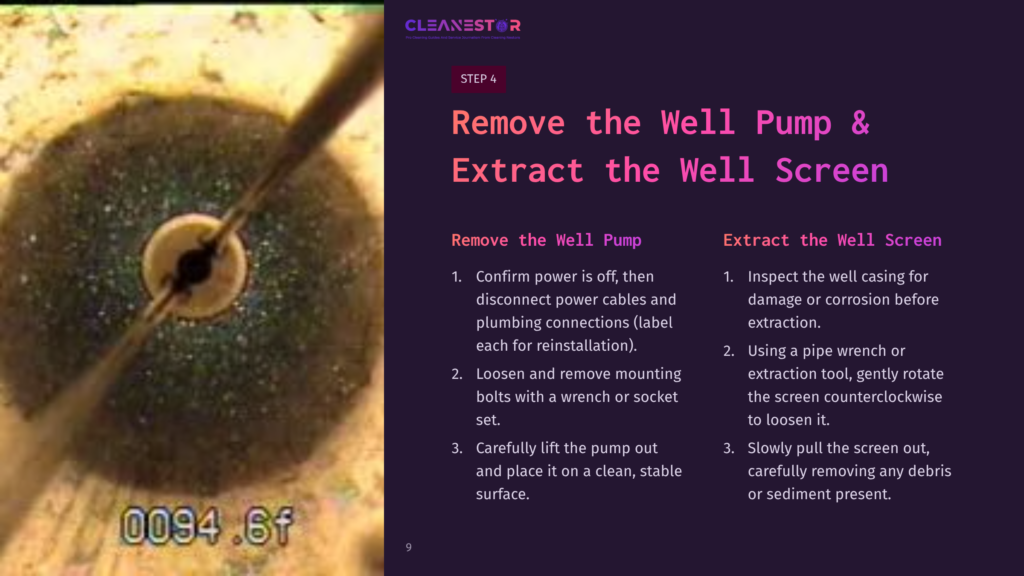 Close-Up View Of A Well Screen Extraction Process, Showing Tools And A Well Casing With Text Instructions In Bold Pink And Black.