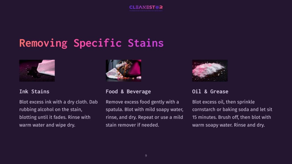 9 Removing Specific Stains Three Distinct Stain Removal Methods Illustrated: Ink Stain On Fabric With A Dry Cloth, Food And Beverage Stain With A Spatula And Soapy Water, And Oil And Grease Stain With Cornstarch And Soapy Water. &Quot;Removing Specific Stains&Quot; Title Visible.