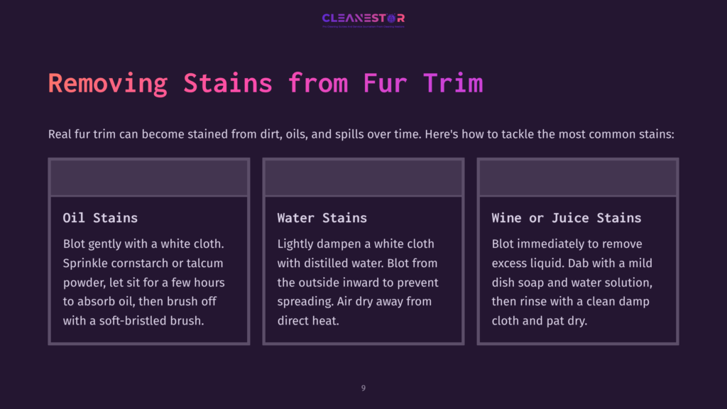 Three Sections Displayed On A Dark Background: &Quot;Oil Stains,&Quot; &Quot;Water Stains,&Quot; And &Quot;Wine Or Juice,&Quot; Each With Cleaning Tips And Visual Icons.
