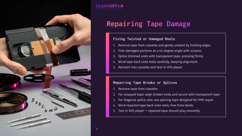 9 Repairing Tape Damage Hands Repair A Damaged Vhs Tape With Splicing Tape And Scissors, With Instructions For Fixing Twisted Or Damaged Reels And Tape Breaks Or Splices Visible.