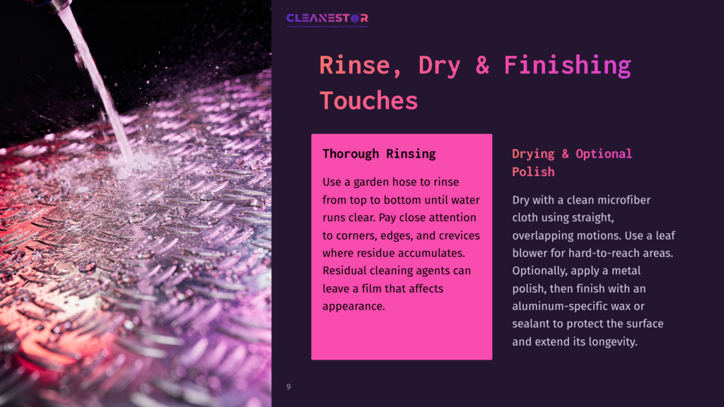 A Close-Up Of Oxidized Aluminum Diamond Plate With Water Droplets, Alongside Cleaning Instructions In Contrasting Purple And Pink Sections.