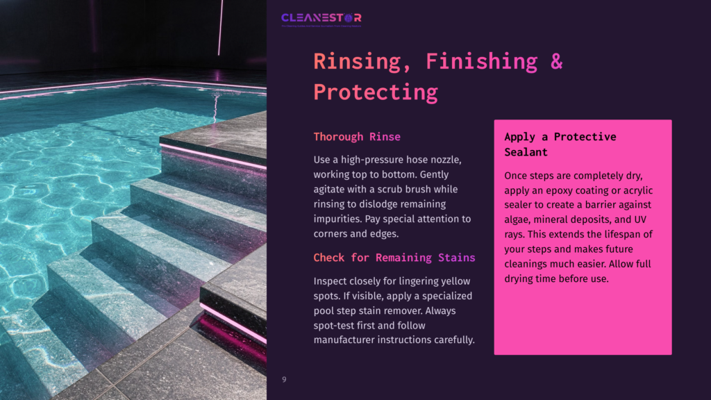 Cleanestor Logo Above Text About Rinsing, Finishing, And Protecting Pools. A Modern Swimming Pool With Illuminated Steps Is Visible.