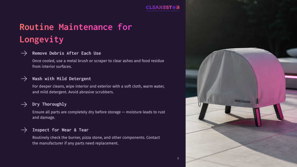 A Covered Gozney Roccbox Outdoor Pizza Oven Sits On A Tile Surface, Accompanied By Maintenance Tips In Bold Text With Purple And White Accents.