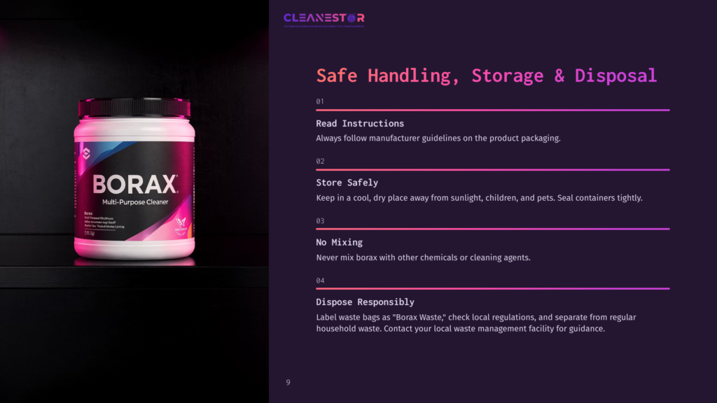 9 Safe Handling Storage And Disposal A White Plastic Tub Of Borax Multi-Purpose Cleaner Sits On A Dark Shelf. The Label Is Primarily White With &Quot;Borax&Quot; In Large, Bold Blue Letters, And Features A Pink And Blue Gradient. The Background Of The Image Is Dark, With Text On The Right Side Detailing Safe Handling, Storage, And Disposal Instructions.
