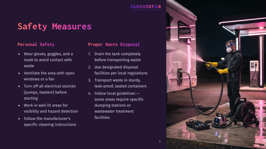 A Person Wearing Gloves And Goggles Cleans A Gray Water Tank With A Hose Beside A Camper, While Safety Measures Are Outlined In Pink Text.