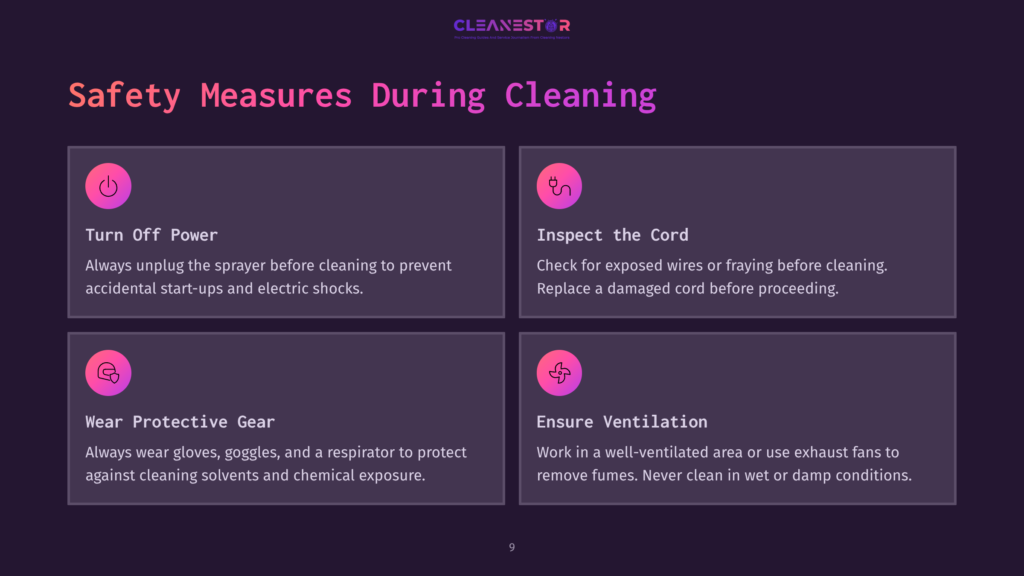 9 Safety Measures During Cleaning Four Safety Measures For Cleaning An Electric Paint Sprayer Are Displayed In Pink Circles On A Dark Purple Background.
