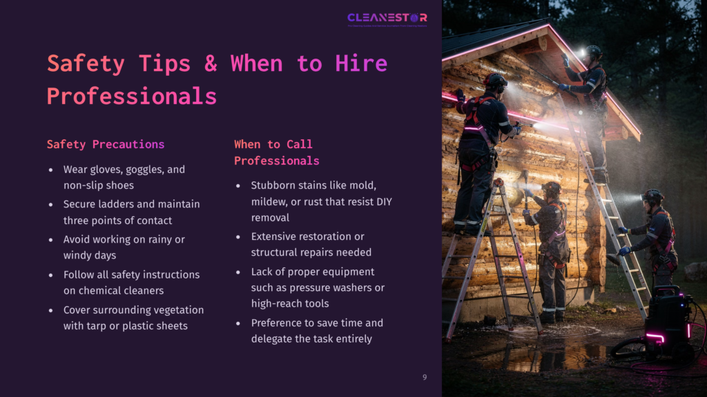 9 Safety Tips And When To Hire Professionals Professionals Pressure Washing A Rustic Wooden Cabin, Using Ladders And Safety Equipment. Text Overlay: &Quot;Cleanestor Safety Tips &Amp; When To Hire Professionals.