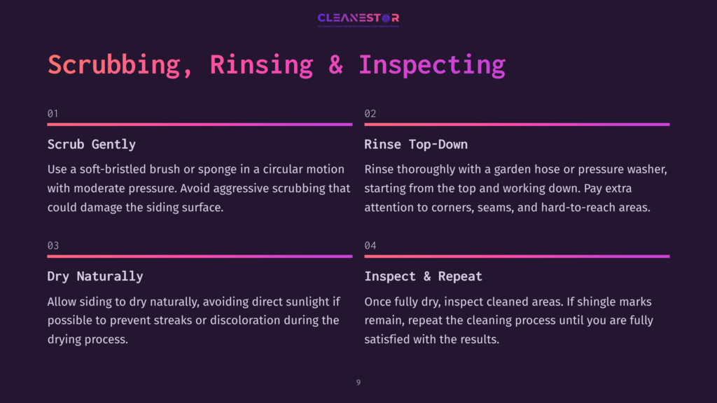 Scrubbing, Rinsing &Amp; Inspecting&Quot; Is A Graphic With Four Numbered Steps Detailing House Washing Procedures. Step 1, &Quot;Scrub Gently,&Quot; Advises Using A Soft Brush. Step 2, &Quot;Rinse Top-Down,&Quot; Suggests Using A Garden Hose. Step 3, &Quot;Dry Naturally,&Quot; Recommends Allowing Siding To Air Dry. Step 4, &Quot;Inspect &Amp; Repeat,&Quot; Advises Checking For Cleanliness.