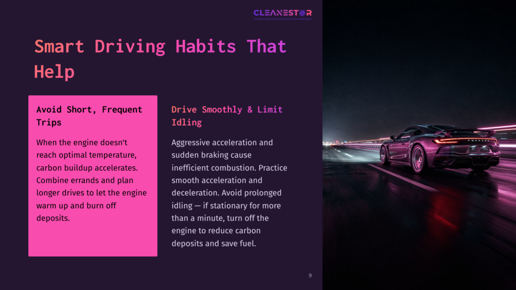 9 Smart Driving Habits That Help A Sleek, Black Sports Car Speeds Down A Dark, Wet Highway At Night, Its Headlights Illuminating The Road. The Image Is From A Presentation Slide Titled &Quot;Smart Driving Habits That Help,&Quot; With Text About &Quot;Avoid Short, Frequent Trips&Quot; And &Quot;Drive Smoothly &Amp; Limit Idling.