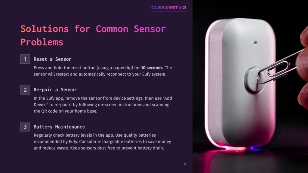 Close-Up Of A White Eufy Sensor Being Reset With A Paperclip, With Text Overlay Detailing Solutions For Common Sensor Problems: Reset A Sensor, Re-Pair A Sensor, And Battery Maintenance.