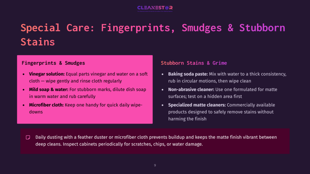 9 Special Care Fingerprints Smudges And Stubborn Stains Cleanestor Slide: &Quot;Special Care: Fingerprints, Smudges &Amp; Stubborn Stains&Quot; With Cleaning Tips For Vinegar Solution, Mild Soap &Amp; Water, Microfiber Cloth, Baking Soda Paste, And Non-Abrasive Cleaners.