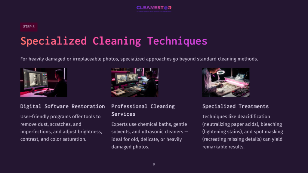 A Visually Engaging Layout With Three Sections Showcasing Digital Restoration Tools, Professional Cleaning Services, And Specialized Treatments For Damaged Photos.