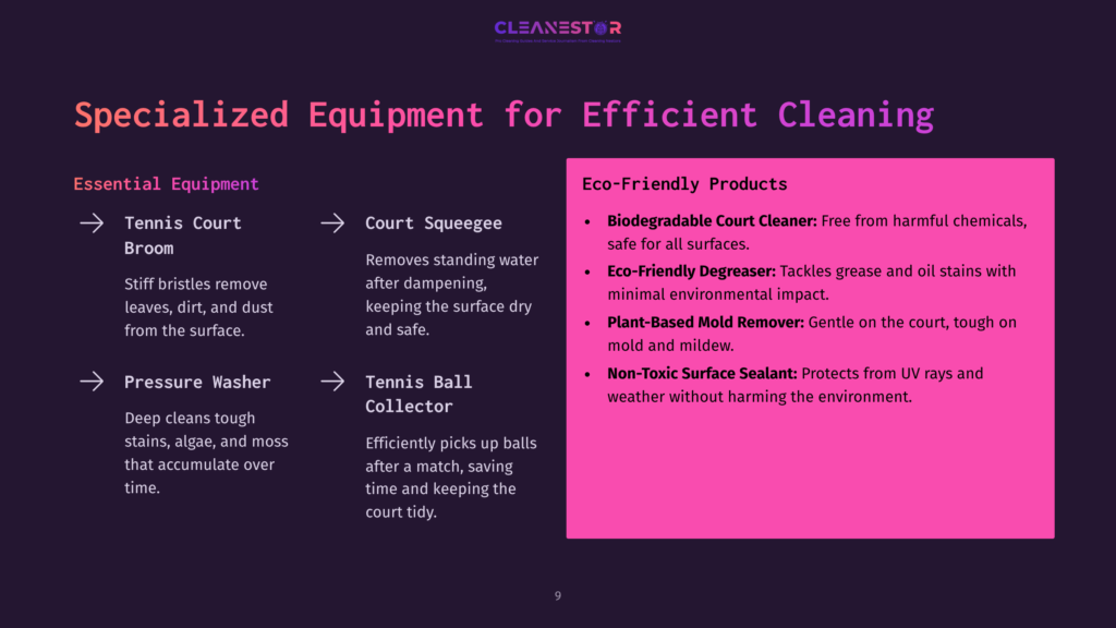 A Graphic Displaying Essential Cleaning Equipment For Tennis Courts, Including A Court Squeegee, Pressure Washer, And Tennis Ball Collector, With Eco-Friendly Product Highlights.