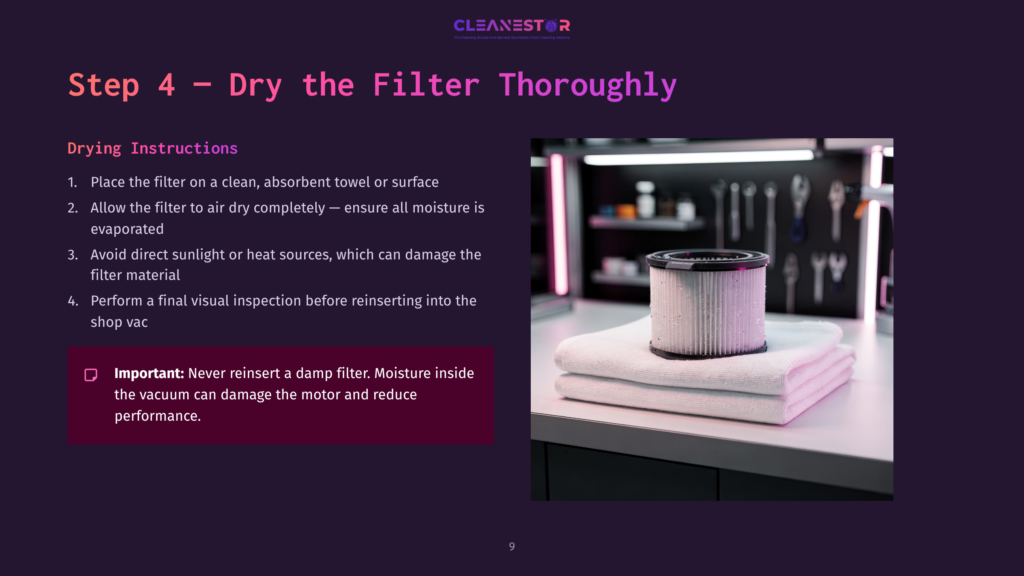 9 Step 4 Dry The Filter Thoroughly A Clean, White Air Filter Sits On Top Of Folded White Towels On A Gray Countertop, Ready For Reinsertion Into A Shop Vac.