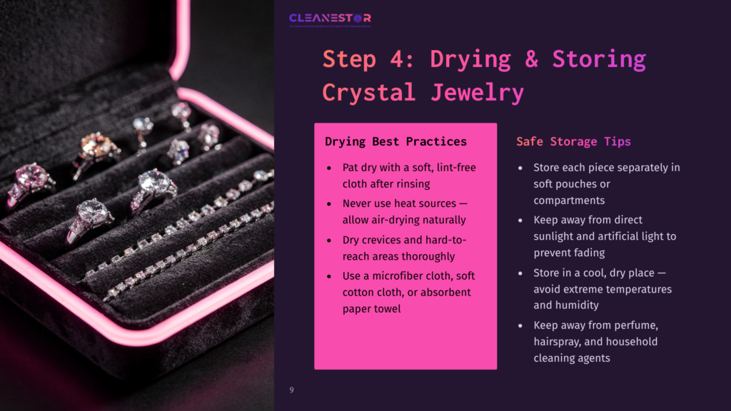 Display Of A Jewelry Case Holding Various Crystal Pieces, With A Pink And Black Color Scheme; Text Highlights Drying And Storage Tips.