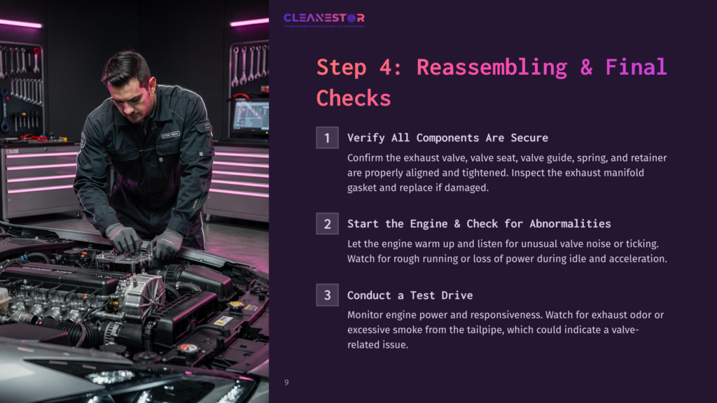 Mechanic In A Black Uniform Works On A Car Engine In A Garage, With Text &Quot;Step 4: Reassembling &Amp; Final Checks&Quot; Visible.