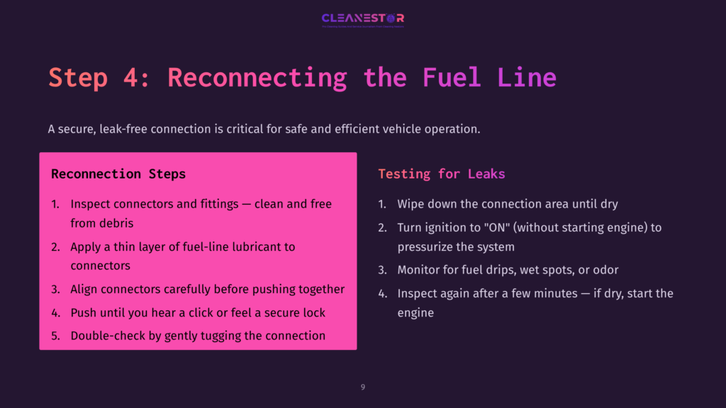 Instructions For Reconnecting A Fuel Line, Featuring Bold Text Steps On A Dark Background With Pink Accents And A Layout Showing Numbered Points.