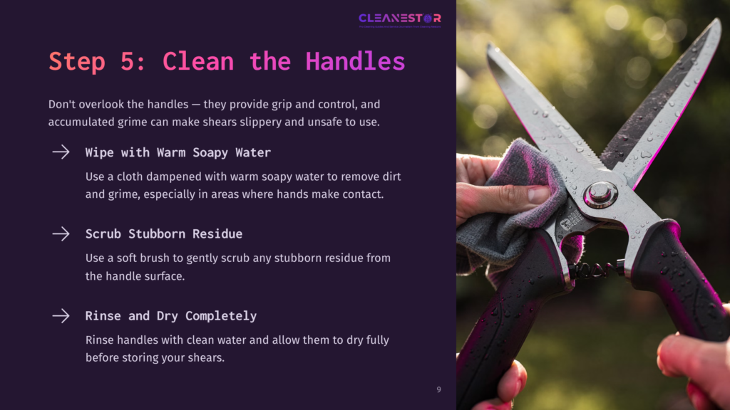 A Person Holds Hedge Shears While Cleaning The Handles With A Cloth, Surrounded By Instructional Text On Maintaining The Tools.