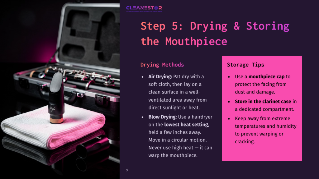 9 Step 5 Drying And Storing The Mouthpiece Step 5: Drying &Amp; Storing The Mouthpiece - A Clarinet Mouthpiece Rests On A Pink Microfiber Cloth Next To An Open Clarinet Case. Instructions For Drying And Storing Are Visible.