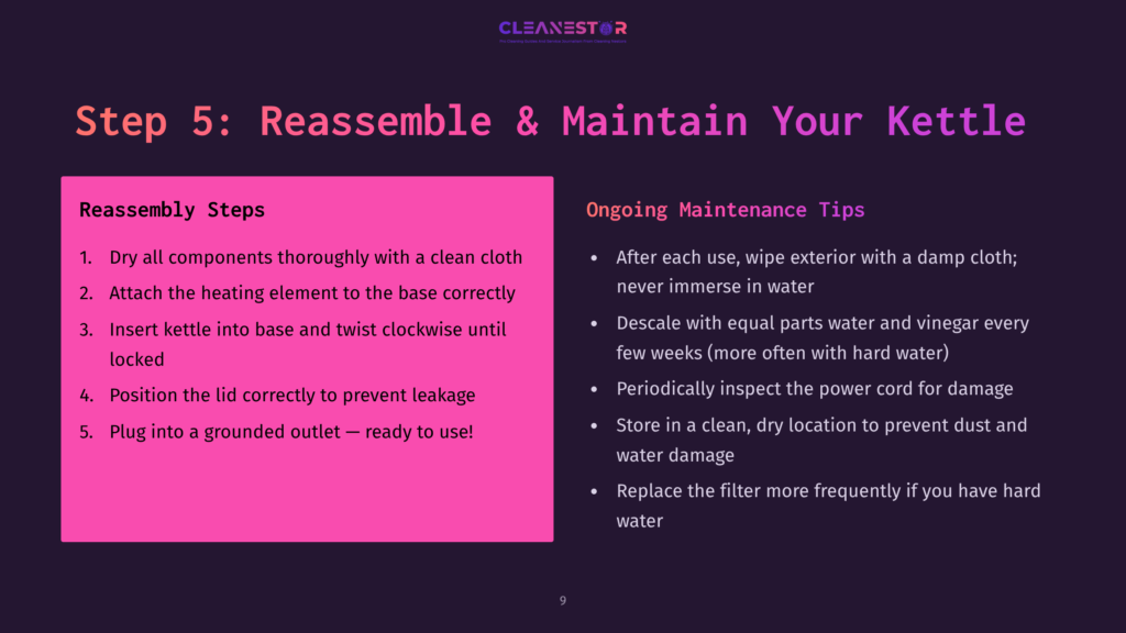 Instructions On Reassembling And Maintaining A Kettle, With Bold Pink Text On A Dark Background Outlining Steps And Tips For Upkeep.