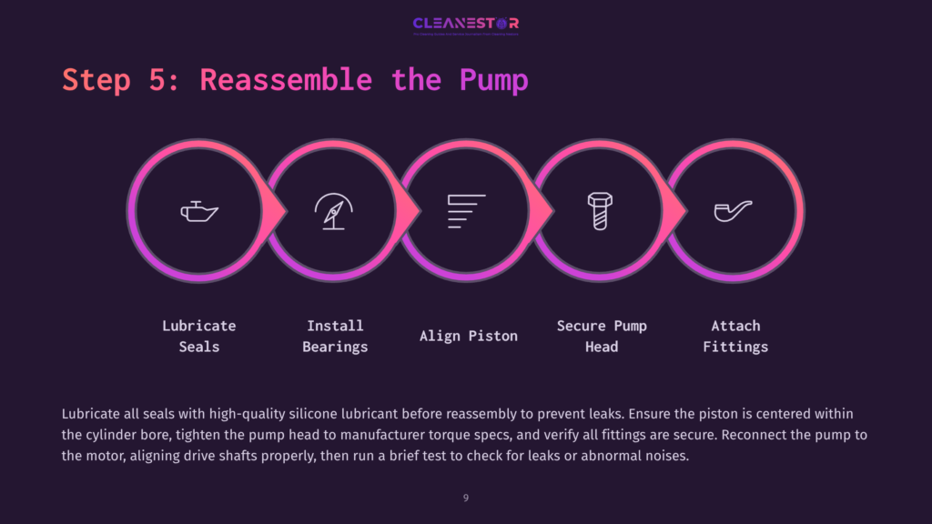 9 Step 5 Reassemble The Pump Step-By-Step Instructions In Purple And Pink Bubbles Detailing Reassembly Of A Pressure Washer Pump, With Icons For Each Step.