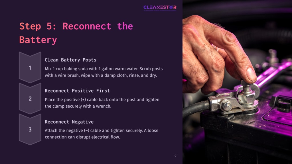 Step 5: Reconnect The Battery. Close-Up Of Hands Attaching A Car Battery Terminal Clamp, With Text Instructions For Cleaning And Reconnecting Battery Posts.