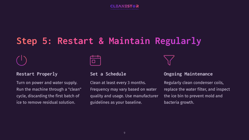 Step 5: Restart &Amp; Maintain Regularly. Icons Represent: Restart Properly, Set A Schedule, And Ongoing Maintenance. Cleanestor Logo At The Top.