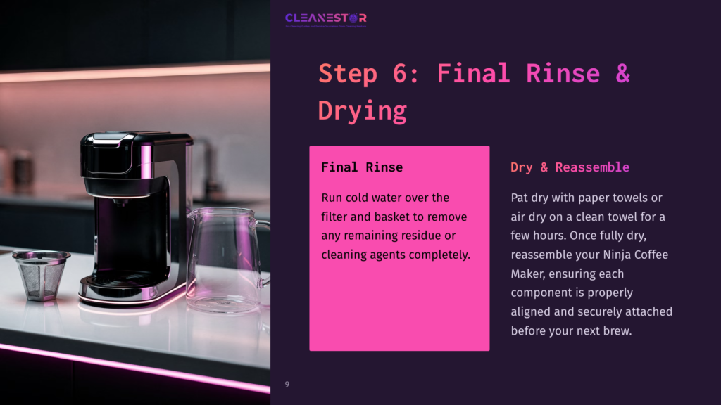 A Sleek Black Coffee Maker With A Pink Accent Sits Beside Transparent Glass Components On A Countertop, Highlighting The Cleaning Process.