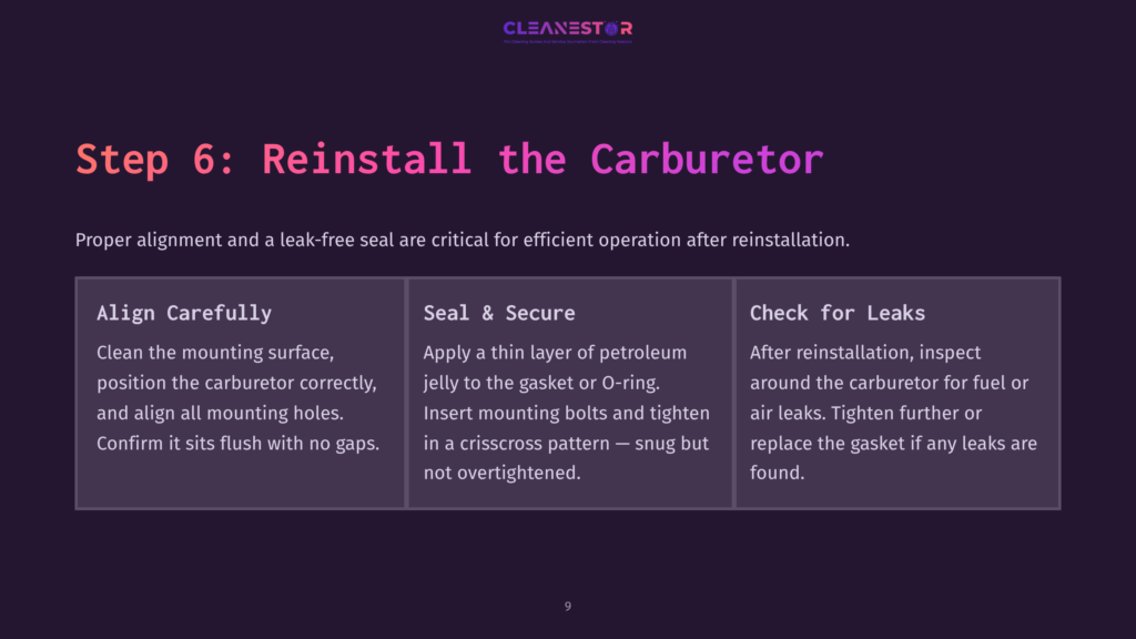 Step 6 Includes Text Instructions On Reinstalling A Carburetor, Highlighted In Purple With Clear Headings And Bullet Points For Clarity.