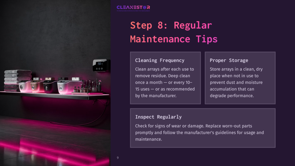 Step 8: Regular Maintenance Tips From Cleanestor, Featuring Cleaning Frequency, Proper Storage, And Regular Inspection Of Arrays. The Image Shows A Shelf With Stacked Towels And Several Pink And White Cleaning Devices.