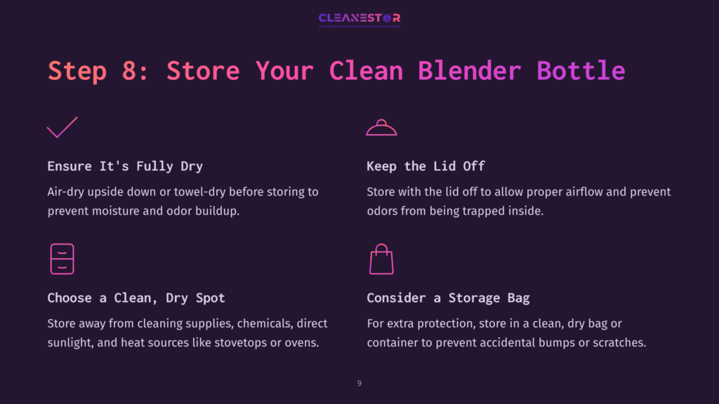Text Instructions For Storing A Clean Blender Bottle, Featuring Icons For Drying, Lid Placement, And Storage Bag Recommendations In Bold Colors.