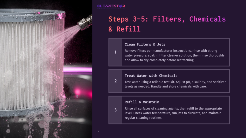 A Close-Up Of A Hot Tub Filter Being Rinsed With A Pink Spray Nozzle, Alongside Numbered Cleaning Instructions In Contrasting Text.