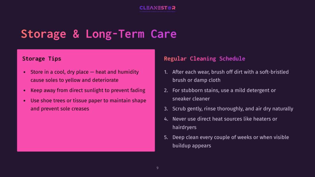 9 Storage And Long Term Care 1 A Dark Purple Background With A Pink Rectangle On The Left Containing &Quot;Storage Tips&Quot; And Bullet Points. The Right Side Has &Quot;Regular Cleaning Schedule&Quot; And Numbered Cleaning Tips. The Cleanestor Logo Is At The Top.