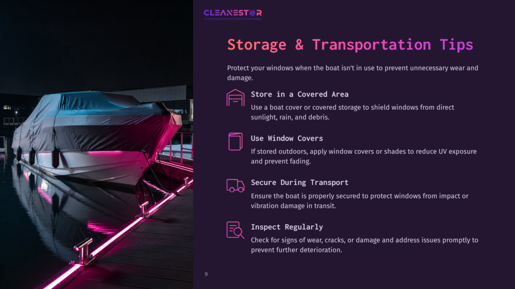 9 Storage And Transportation Tips A Luxury Yacht Covered In A Dark Tarp Is Docked At Night, Illuminated By Vibrant Pink Dock Lights. The Image Features The Cleanestor Logo And Text About Boat Storage And Transportation Tips.