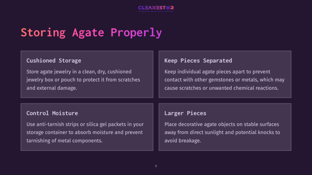 Text On A Dark Purple Background Outlines Tips For Storing Agate, Including Cushioned Storage, Separation, And Moisture Control.