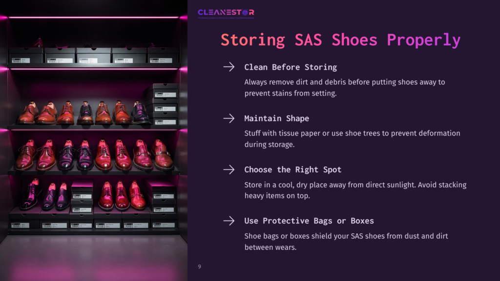 A Display Of Colorful Sas Shoes Neatly Organized On Shelves, With Purple Lighting. Text Highlights Storage Tips For Maintaining Shoes.