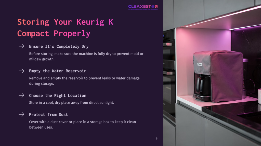 A Keurig K Compact Coffee Maker On A Kitchen Counter, Covered With A Protective Fabric, Next To A Sink And Modern Cabinetry With A Pink Hue.