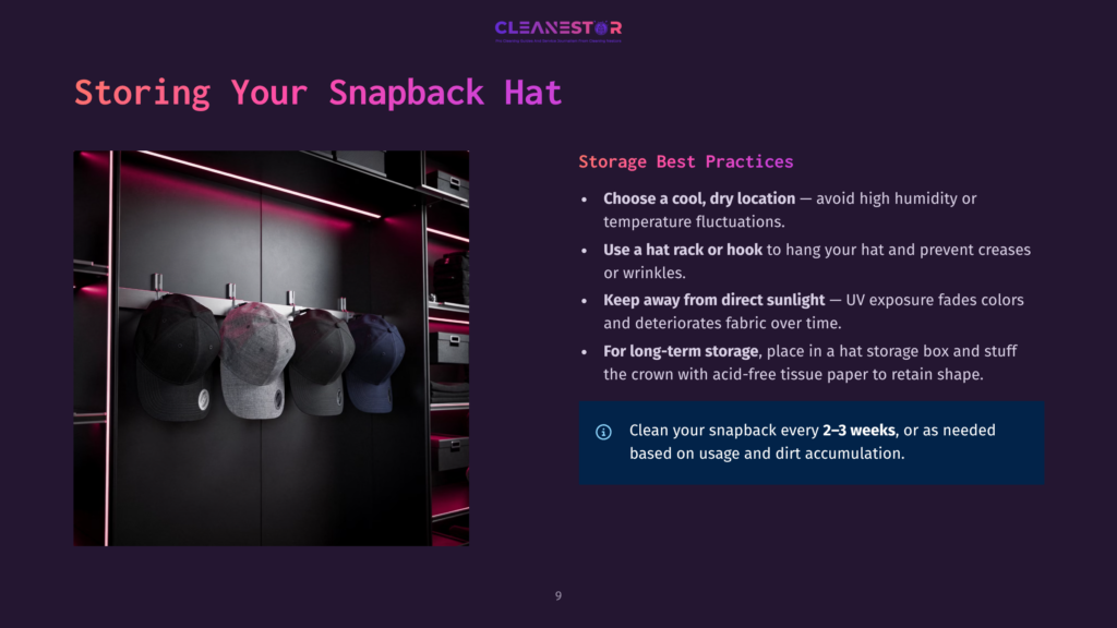 9 Storing Your Snapback Hat A Dark Closet Displays Five Snapback Hats On Hooks, With Pink Led Lighting Above. The Text &Quot;Storing Your Snapback Hat&Quot; And &Quot;Storage Best Practices&Quot; Is Visible.