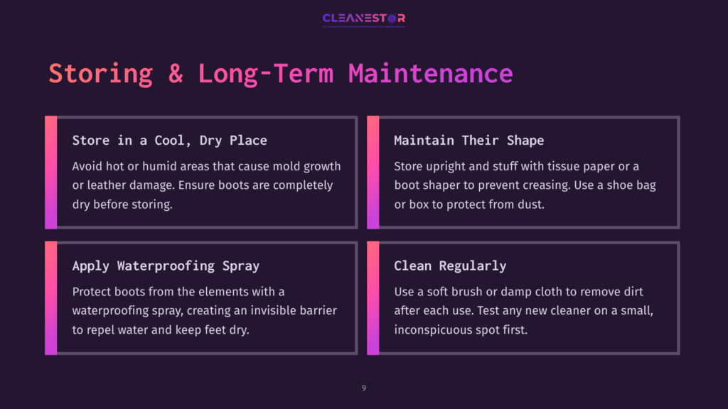 9 Storing And Long Term Maintenance Text-Heavy Infographic With Dark Background. Sections Highlight Tips For Storing, Waterproofing, And Cleaning Sperry Duck Boots, Using White And Pink Fonts.