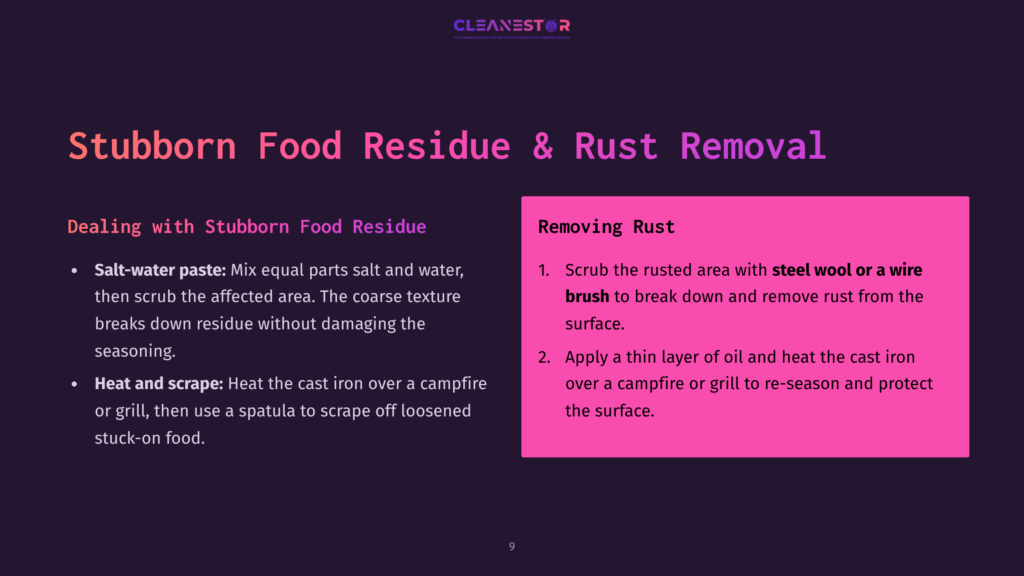 A Dark Purple Panel With White Text Detailing Steps For Cleaning Cast Iron, Featuring A Bright Pink Box Outlining Rust Removal Instructions.
